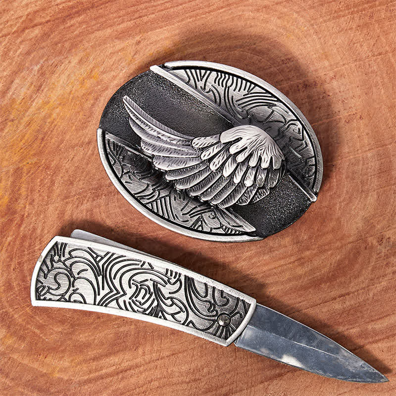 Cintura in pelle con coltello pieghevole nascosto con ali d'angelo fai da te da uomo - image 1
