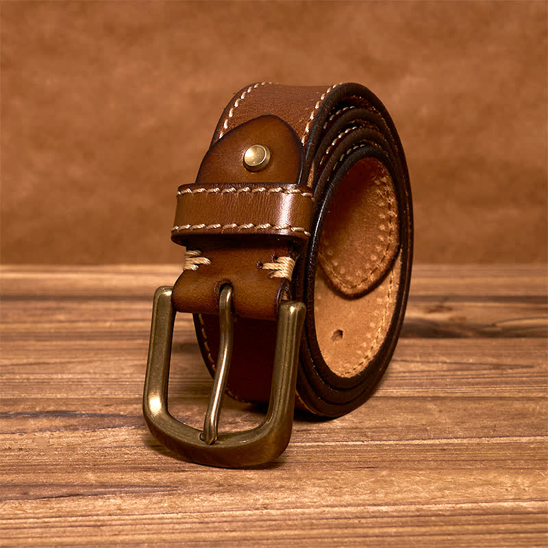 Cintura in pelle di vacchetta cucita di lusso da uomo - Marrone giallastro - 44 - image 0