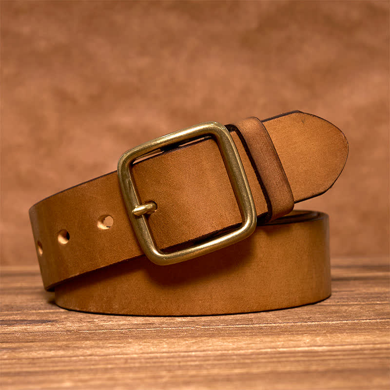 Cintura in pelle con fibbia quadrata in ottone vintage semplice ed elegante - Marrone-giallastro - 44 - image 0