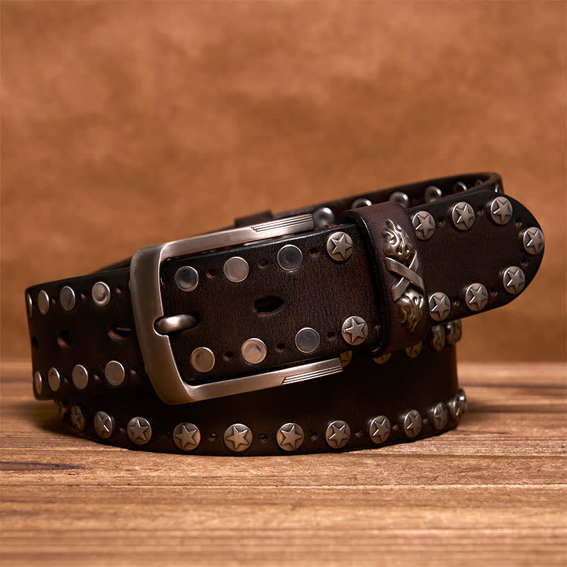 Cintura in pelle fatta a mano con borchie punk biker - Marrone - 42 - image 0