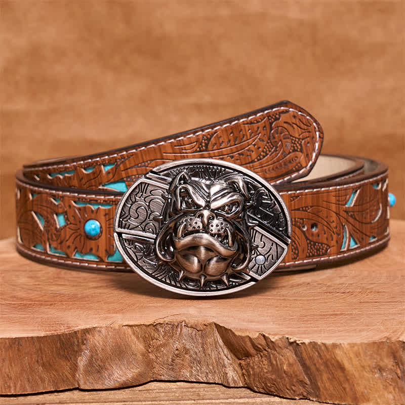 Cintura in pelle con coltello pieghevole nascosto "Fierce Dog" fai da te da uomo - Cane - Cintura intagliata turchese - 42 - image 6