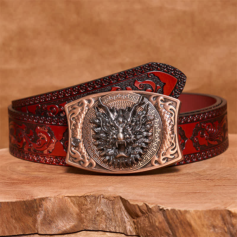 Cintura in pelle con coltello pieghevole nascosto fai da te in bronzo rosso drago da uomo - Testa di drago - Cintura marrone intagliata - 42 - image 6