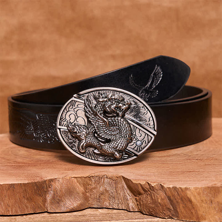 Cintura in pelle con coltello pieghevole nascosto Flying Dragon fai da te da uomo - Drago volante - Cintura con aquila in rilievo nera - 42 - image 7
