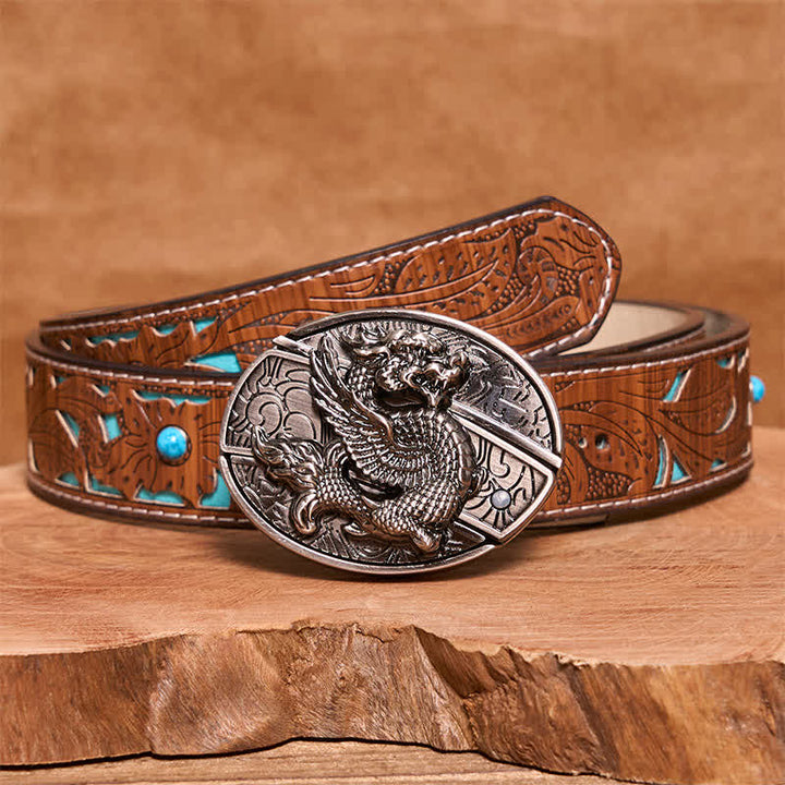 Cintura in pelle con coltello pieghevole nascosto Flying Dragon fai da te da uomo - Drago volante - Cintura intagliata turchese - 42 - image 6