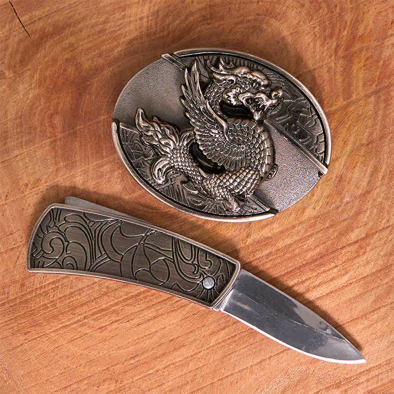 Cintura in pelle con coltello pieghevole nascosto Flying Dragon fai da te da uomo - image 1