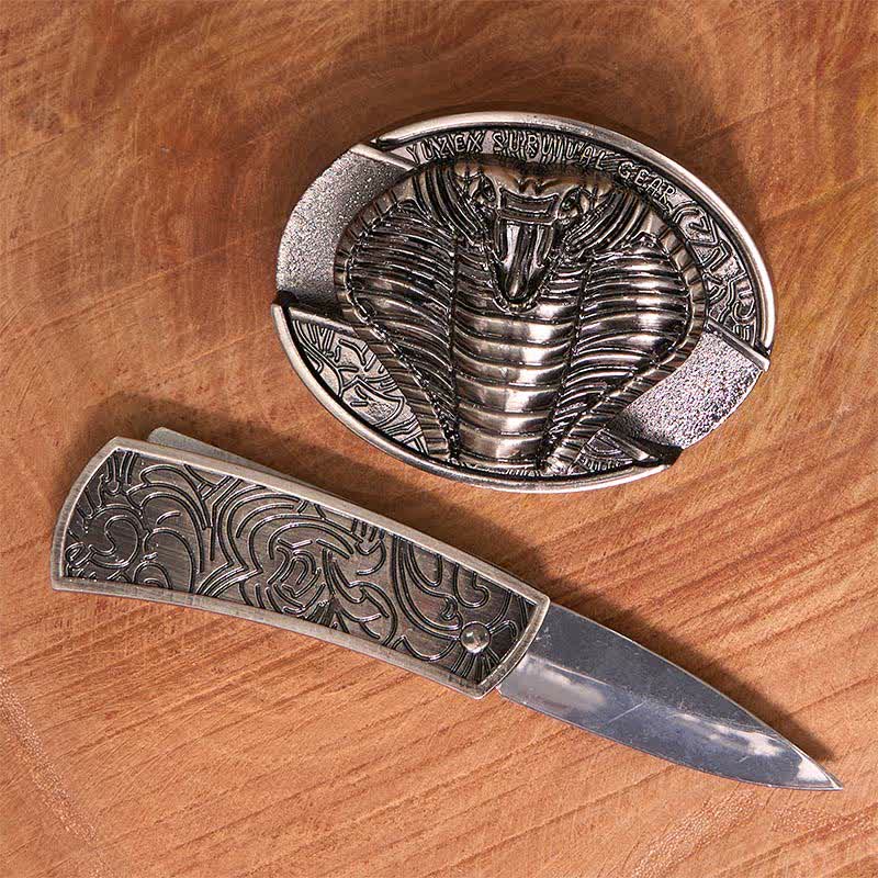 Cintura in pelle con coltello pieghevole nascosto a forma di cobra velenoso fai da te da uomo - image 1