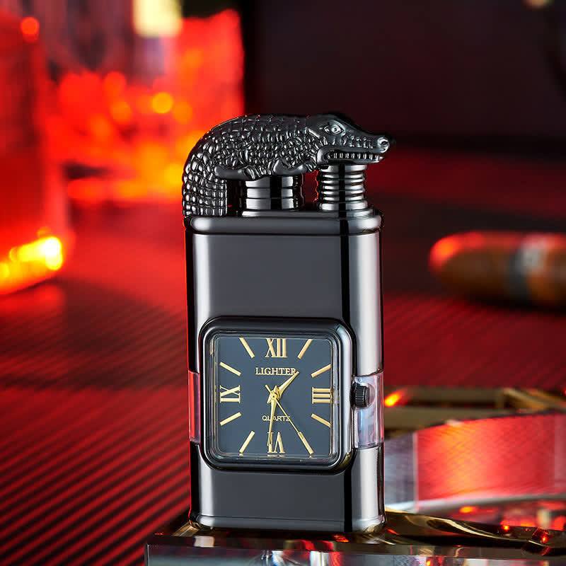 Accendino a butano a doppia fiamma ricaricabile con design a coccodrillo e orologio - Nero - image 0