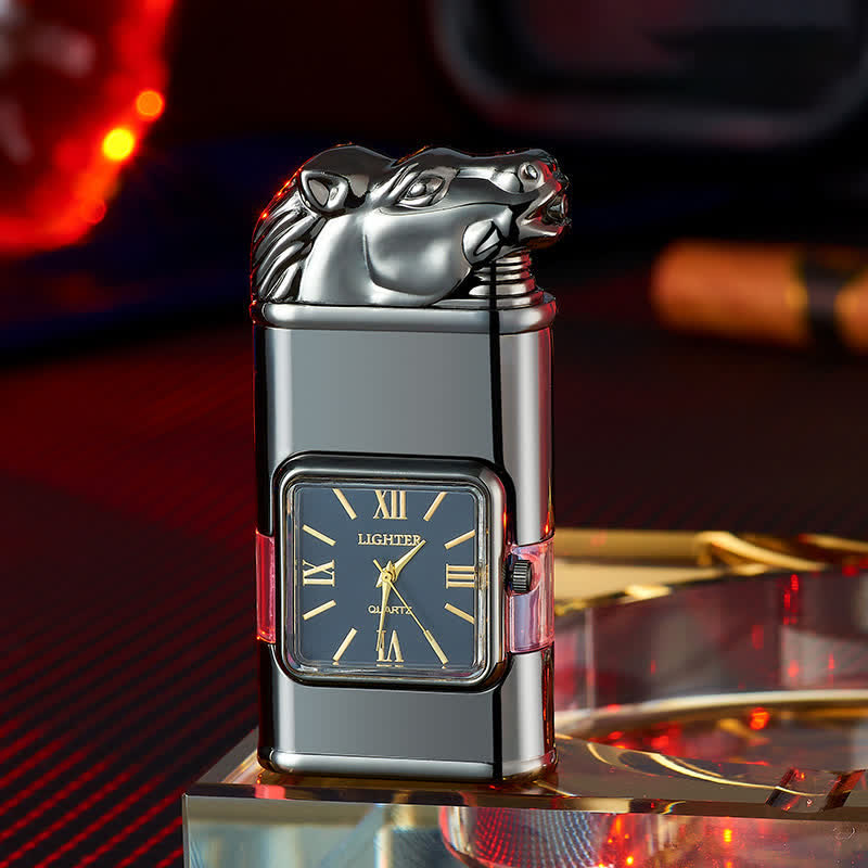 Accendino a butano ricaricabile a doppia fiamma con design a forma di cavallo e orologio - Nero - image 0