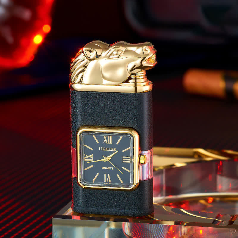 Accendino a butano ricaricabile a doppia fiamma con design a forma di cavallo e orologio - Nero opaco - image 1