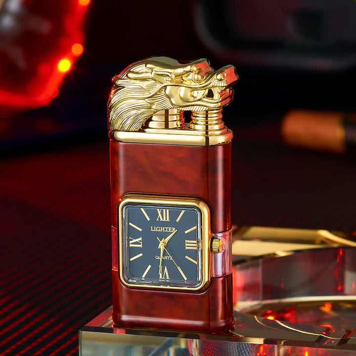 Accendino a butano a doppia fiamma ricaricabile con design a drago e orologio - Modello in legno rosso - image 7