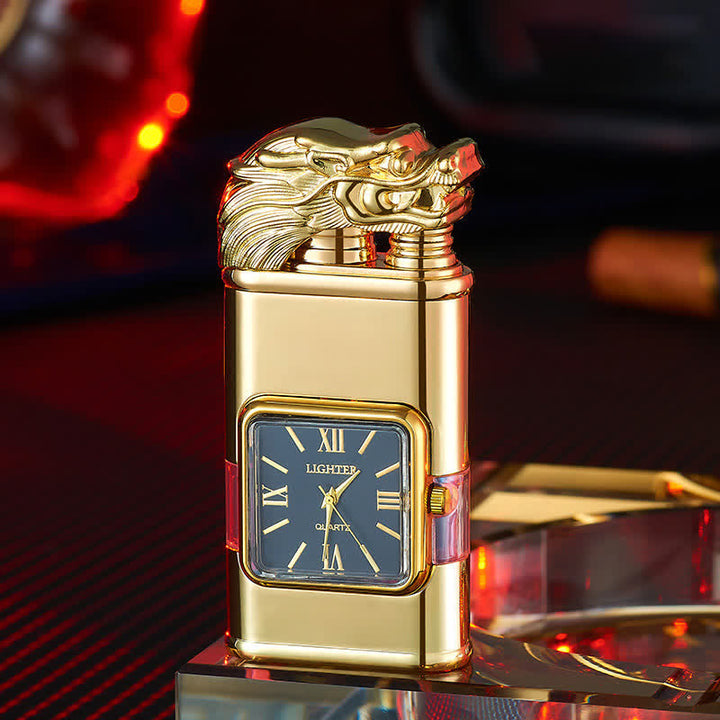 Accendino a butano a doppia fiamma ricaricabile con design a drago e orologio - Oro - image 8