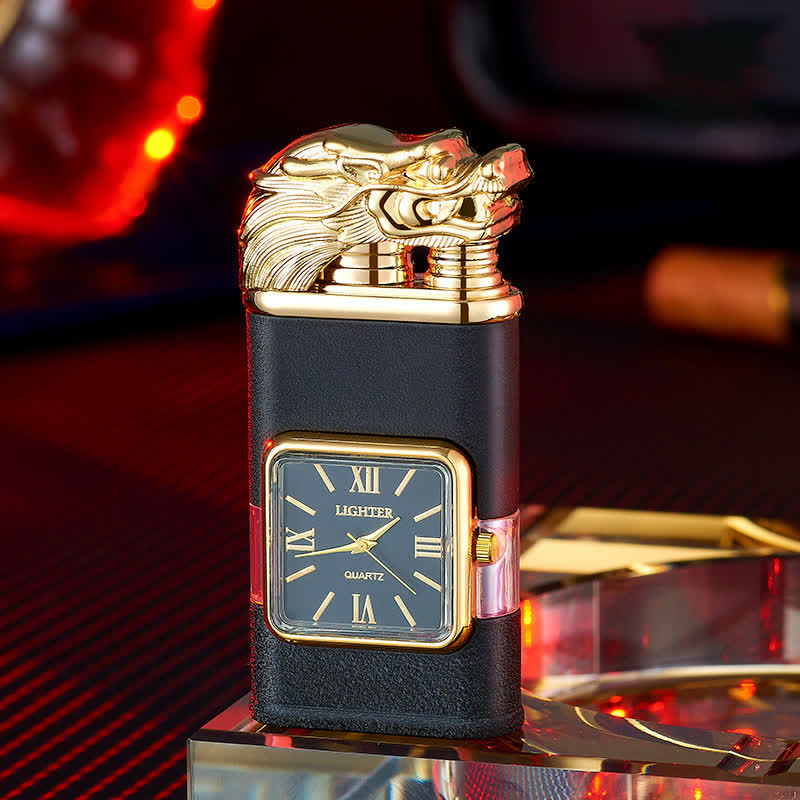 Accendino a butano a doppia fiamma ricaricabile con design a drago e orologio - Nero opaco - image 1