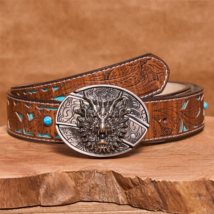 Cintura in pelle con coltello pieghevole nascosto Brave Dragon fai da te da uomo - Drago - Cintura intagliata turchese - 42 - image 6