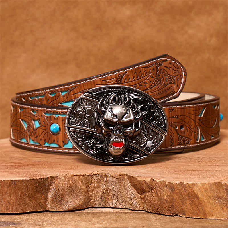 Cintura in pelle con coltello pieghevole nascosto a forma di teschio di fiamma fai da te da uomo - Testa del teschio - Cintura intagliata turchese - 42 - image 7