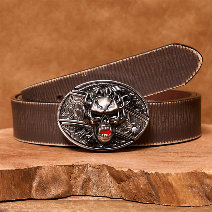 Cintura in pelle con coltello pieghevole nascosto a forma di teschio di fiamma fai da te da uomo - Testa del teschio - Cintura marrone anticata - 42 - image 8
