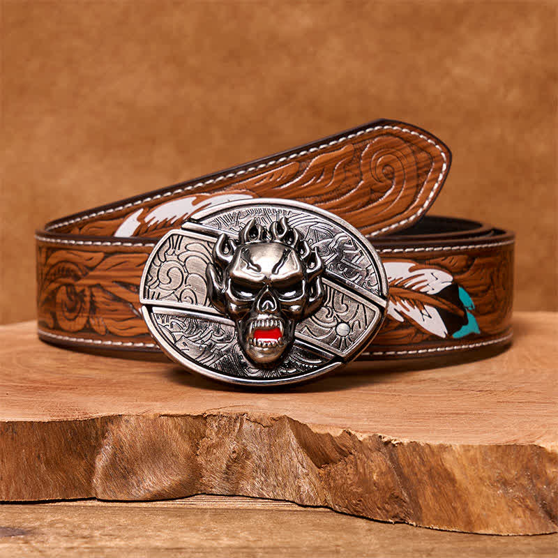 Cintura in pelle con coltello pieghevole nascosto a forma di teschio di fiamma fai da te da uomo - Testa del teschio - Cintura di piume marroni - 40 - image 9