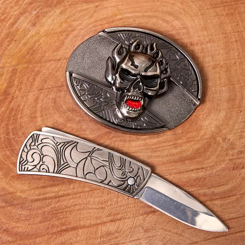 Cintura in pelle con coltello pieghevole nascosto a forma di teschio di fiamma fai da te da uomo - image 1