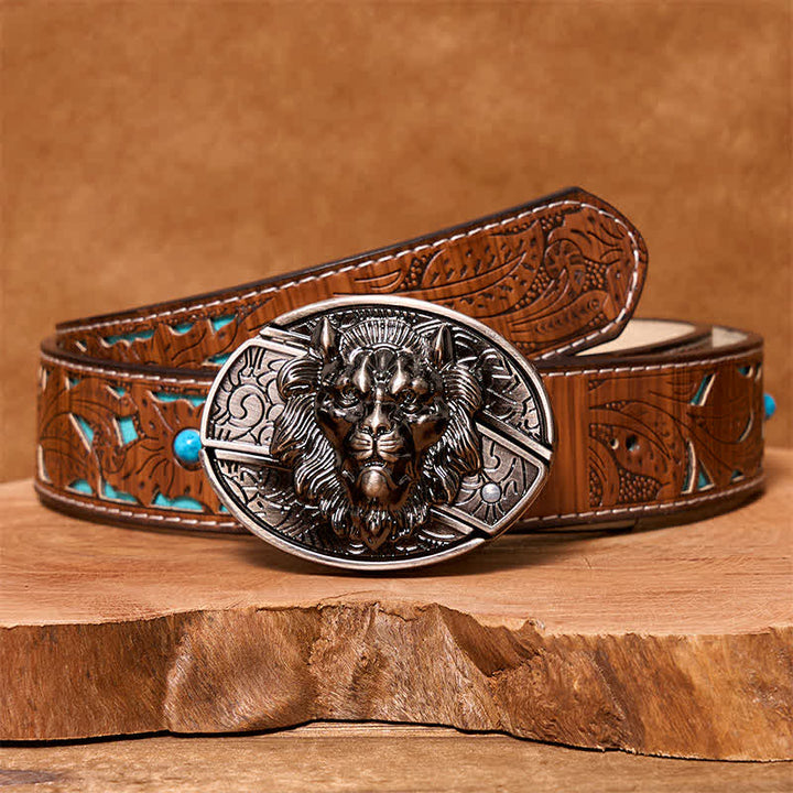 Cintura in pelle con coltello pieghevole nascosto con stemma del leone fai da te da uomo - Leone - Cintura intagliata turchese - 42 - image 6