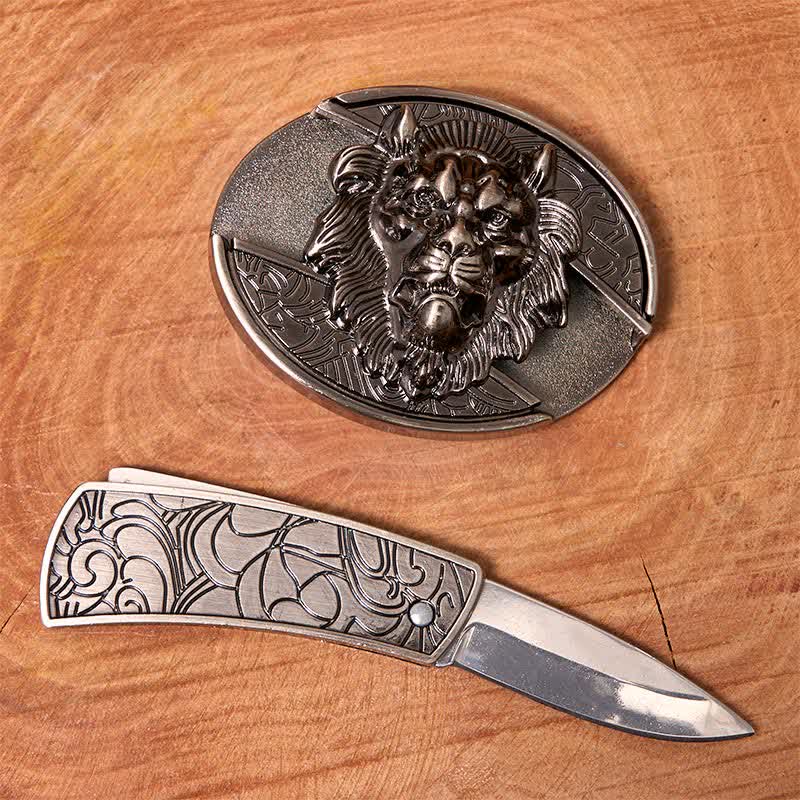 Cintura in pelle con coltello pieghevole nascosto con stemma del leone fai da te da uomo - image 1