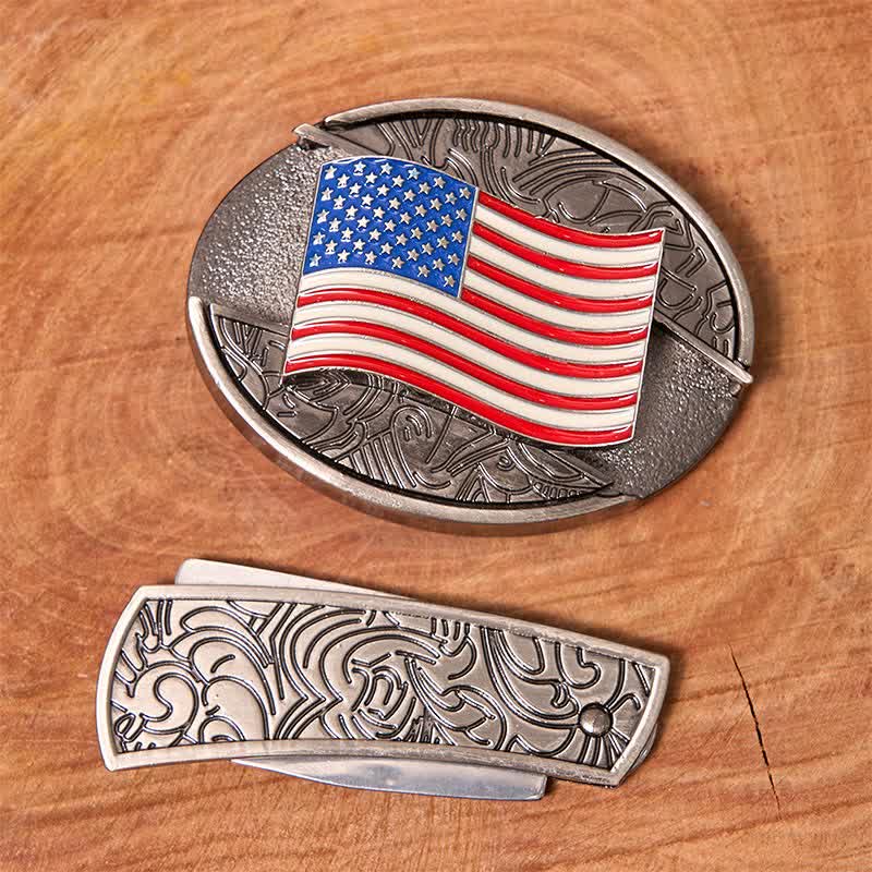 Cintura in pelle fai da te con coltello pieghevole nascosto con bandiera americana da uomo - image 2