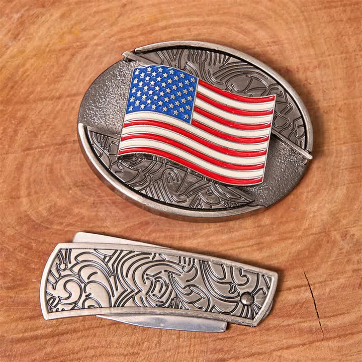 Cintura in pelle fai da te con coltello pieghevole nascosto con bandiera americana da uomo - image 2