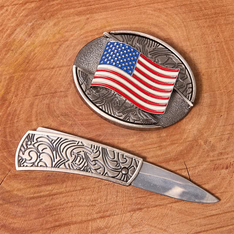 Cintura in pelle fai da te con coltello pieghevole nascosto con bandiera americana da uomo - image 1