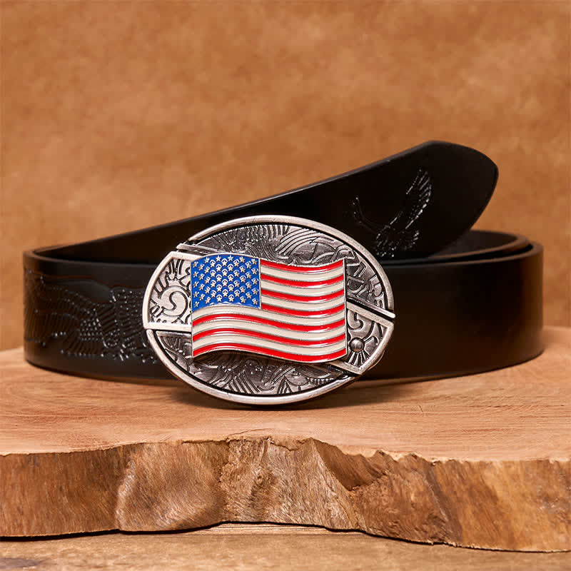 Cintura in pelle fai da te con coltello pieghevole nascosto con bandiera americana da uomo - bandiera americana - Cintura con aquila in rilievo nera - 42 - image 4