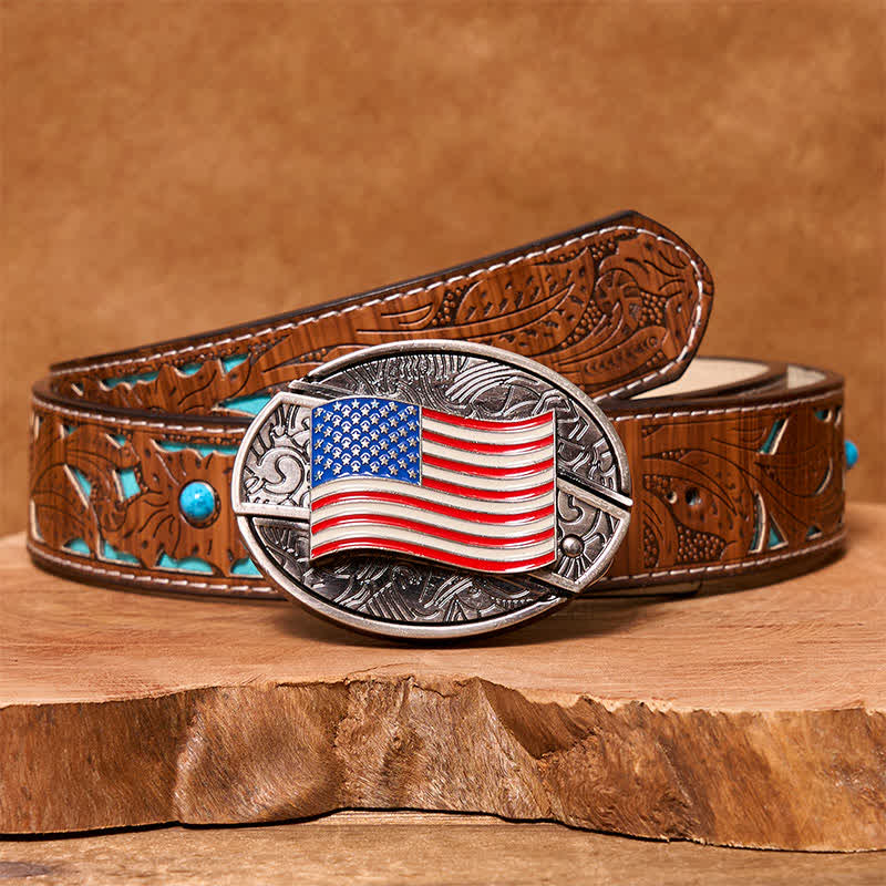 Cintura in pelle fai da te con coltello pieghevole nascosto con bandiera americana da uomo - bandiera americana - Cintura intagliata turchese - 42 - image 6