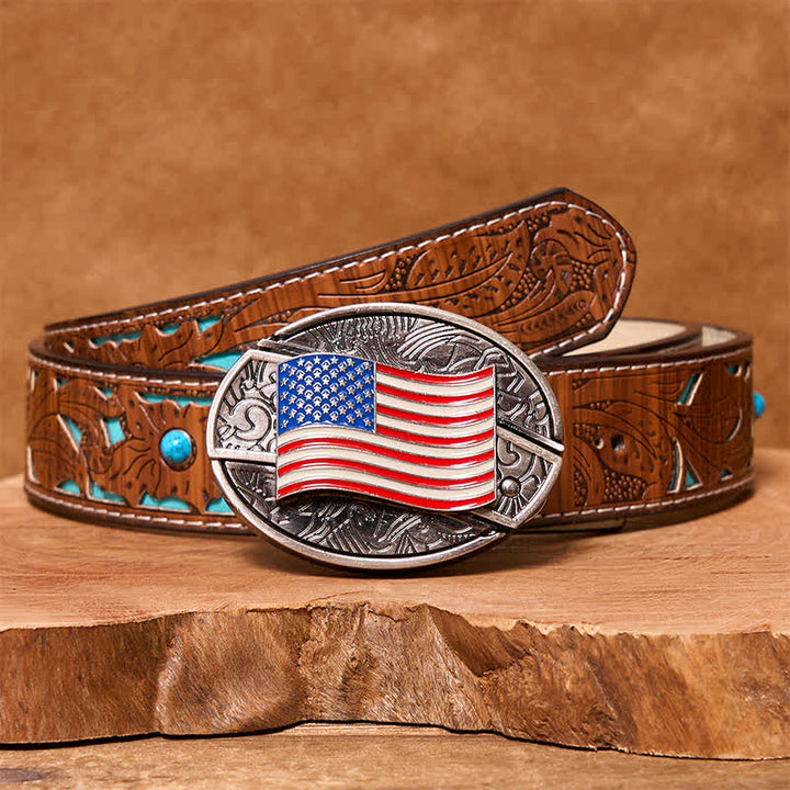 Cintura in pelle fai da te con coltello pieghevole nascosto con bandiera americana da uomo - bandiera americana - Cintura intagliata turchese - 42 - image 6
