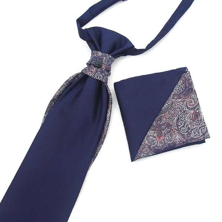 2 pezzi cravatta pre-annodata con cristalli in stile giuntura da uomo e fazzoletto da taschino - Paisley blu navy - image 10