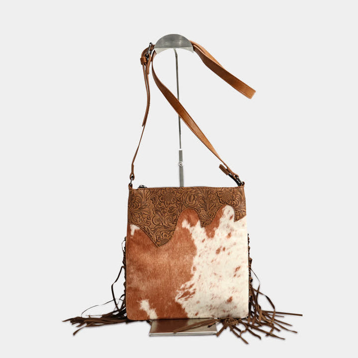 Borsa a tracolla con frange e stampa mucca bohémien da donna - Marrone e avorio - image 0