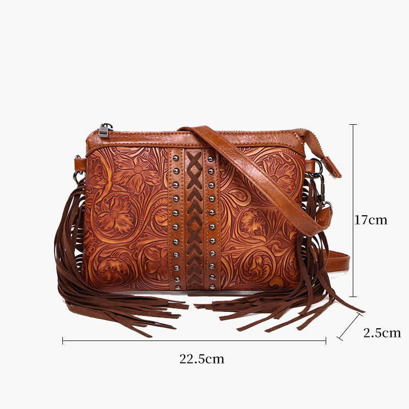 Borsa a tracolla con frange e motivo floreale boho inciso da donna - image 6
