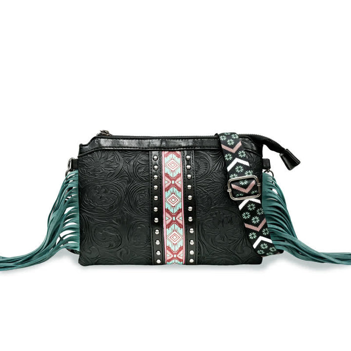 Borsa a tracolla con frange e motivo floreale boho inciso da donna - Nero - image 9