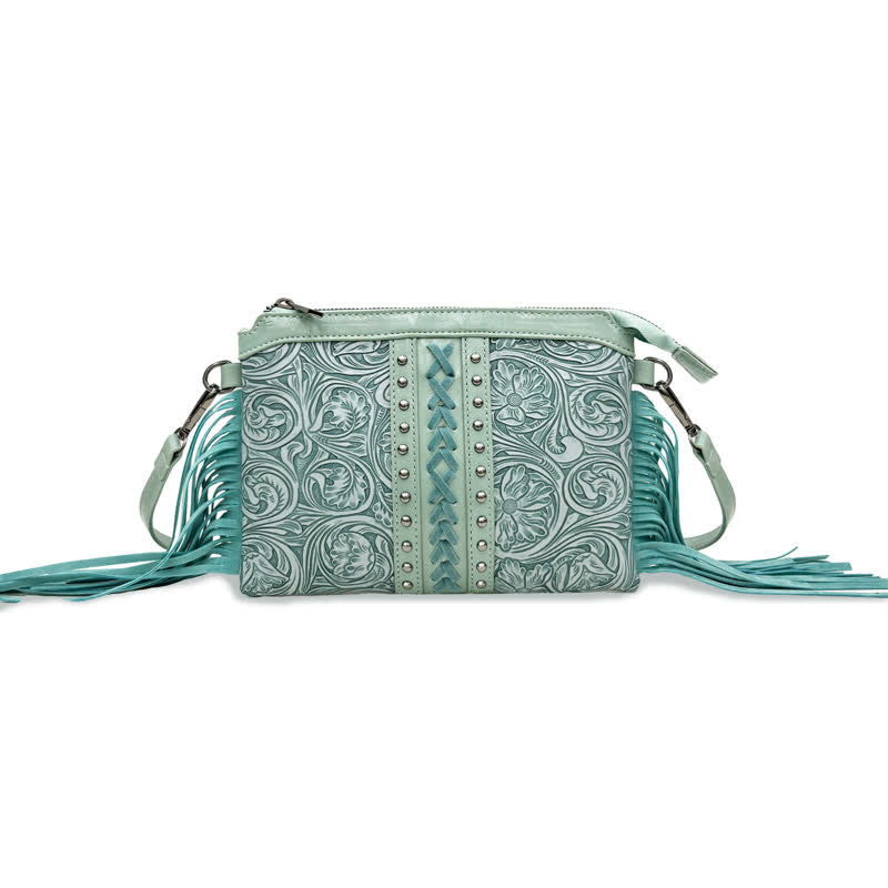 Borsa a tracolla con frange e motivo floreale boho inciso da donna - Verde - image 8