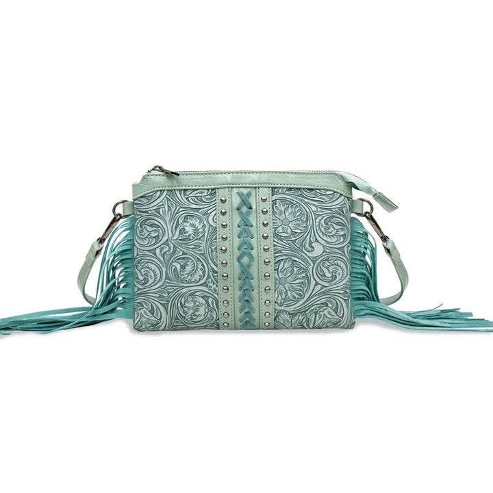Borsa a tracolla con frange e motivo floreale boho inciso da donna - Verde - image 8
