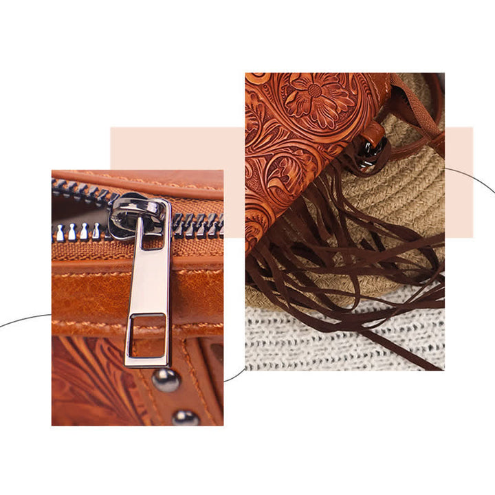 Borsa a tracolla con frange e motivo floreale boho inciso da donna - image 4