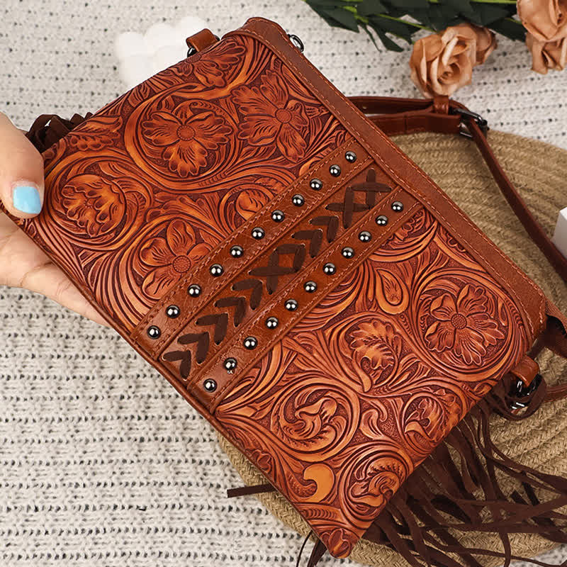 Borsa a tracolla con frange e motivo floreale boho inciso da donna - image 3