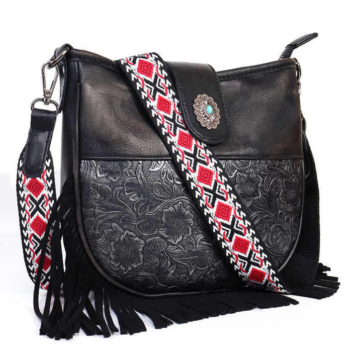 Borsa a tracolla con frange e motivi aztechi nativi da donna - Nero - image 6