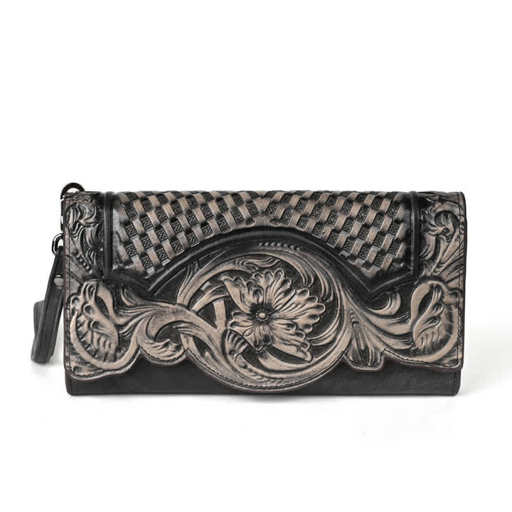 Portafoglio lungo da donna in pelle a tre pieghe con motivo floreale e cinturino da polso - Nero - image 8