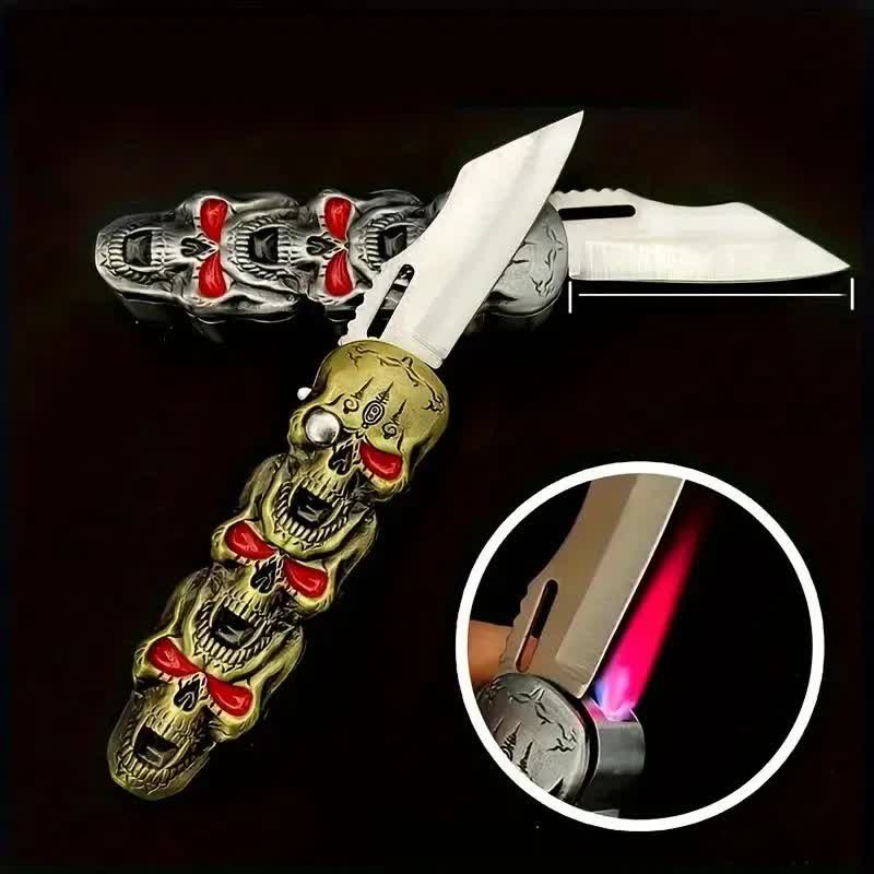 Accendino a butano ricaricabile con triplo teschio e coltello - image 0