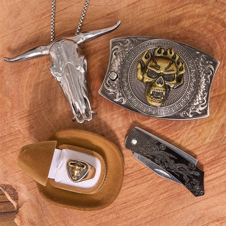 Set di anelli per teschio fai da te con fibbia per cintura, coltello nascosto e ciondolo a forma di corno di bue - image 3