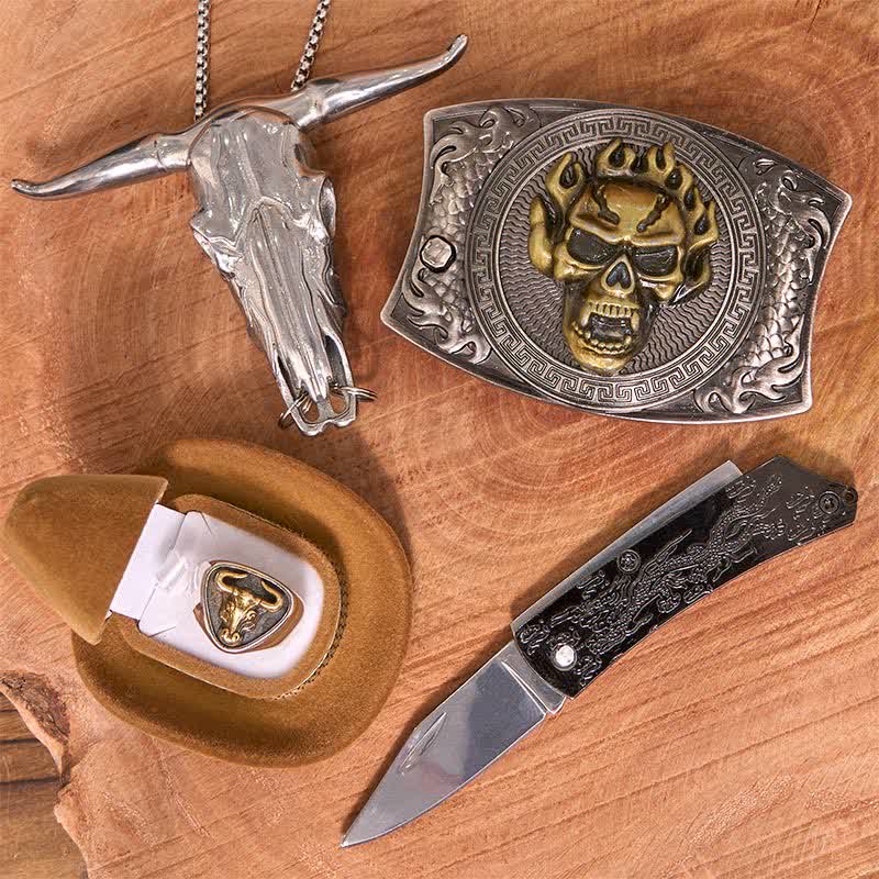 Set di anelli per teschio fai da te con fibbia per cintura, coltello nascosto e ciondolo a forma di corno di bue - image 2