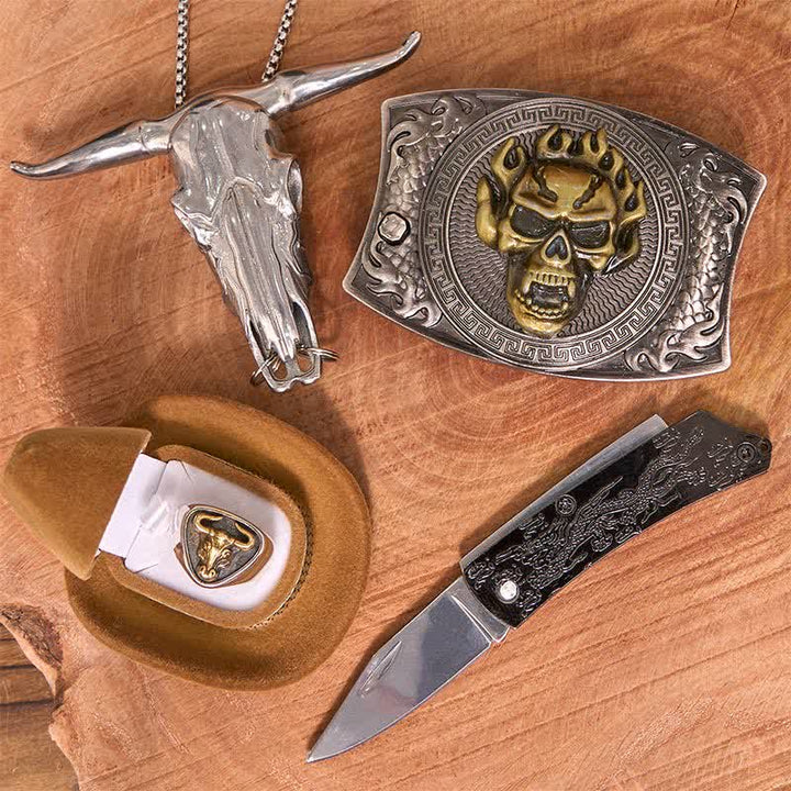 Set di anelli per teschio fai da te con fibbia per cintura, coltello nascosto e ciondolo a forma di corno di bue - image 2