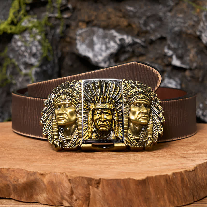 Cintura in pelle fai da te da uomo con testa di capo indiano e accendino nascosto - Bronzo - Cintura marrone anticata - 42 - image 7