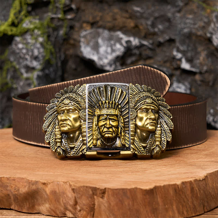 Cintura in pelle fai da te da uomo con testa di capo indiano e accendino nascosto - Bronzo - Cintura marrone anticata - 42 - image 7