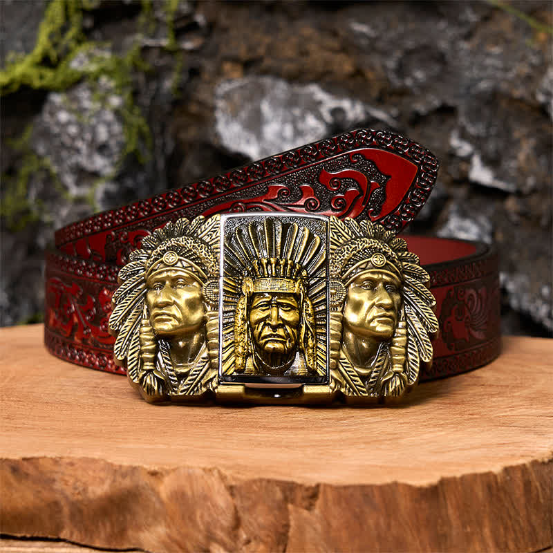 Cintura in pelle fai da te da uomo con testa di capo indiano e accendino nascosto - Bronzo - Cintura marrone intagliata - 42 - image 8