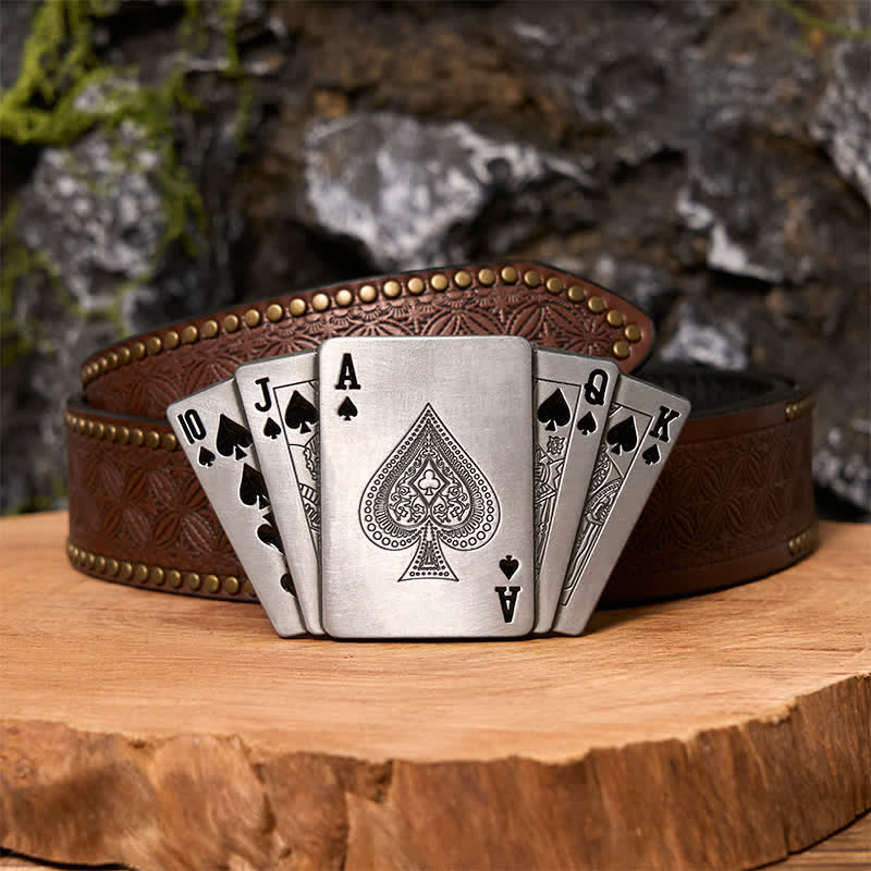 Cintura in pelle Royal Flush argentata fai da te da uomo con accendino nascosto - Poker - Cintura con rivetti marroni - 42 - image 6