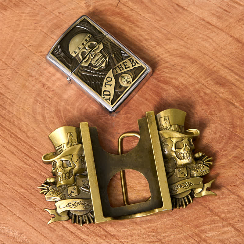 Cintura in pelle bronzo fai da te da uomo con accendino nascosto e teschi tripli Joker - image 3