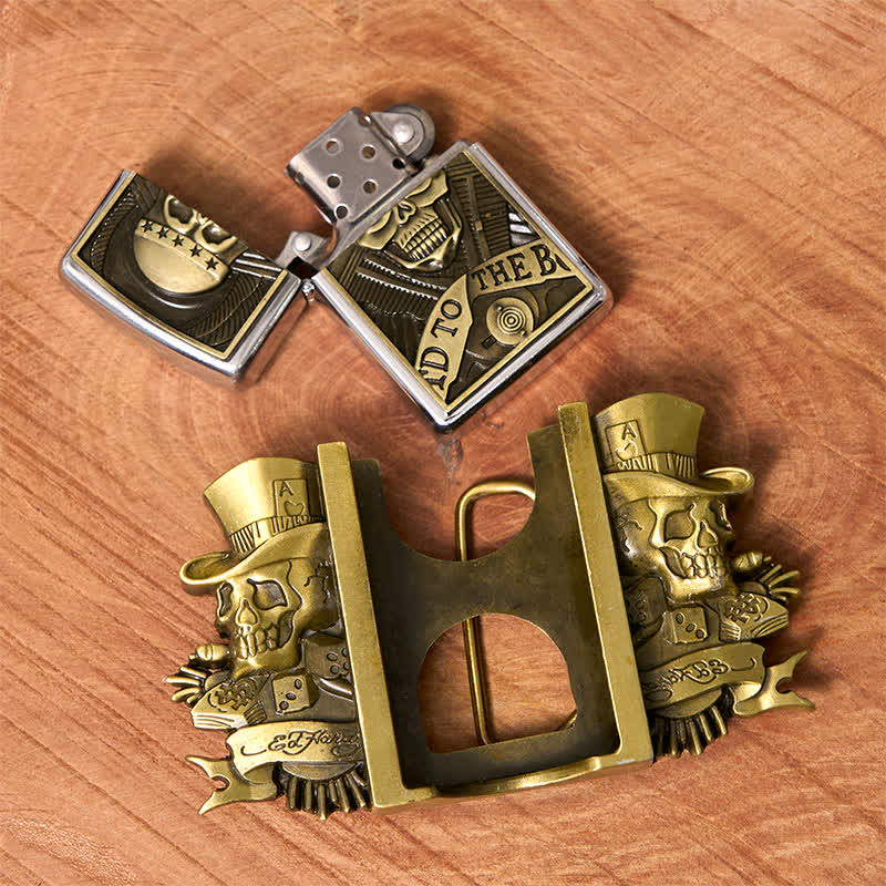 Cintura in pelle bronzo fai da te da uomo con accendino nascosto e teschi tripli Joker - image 2