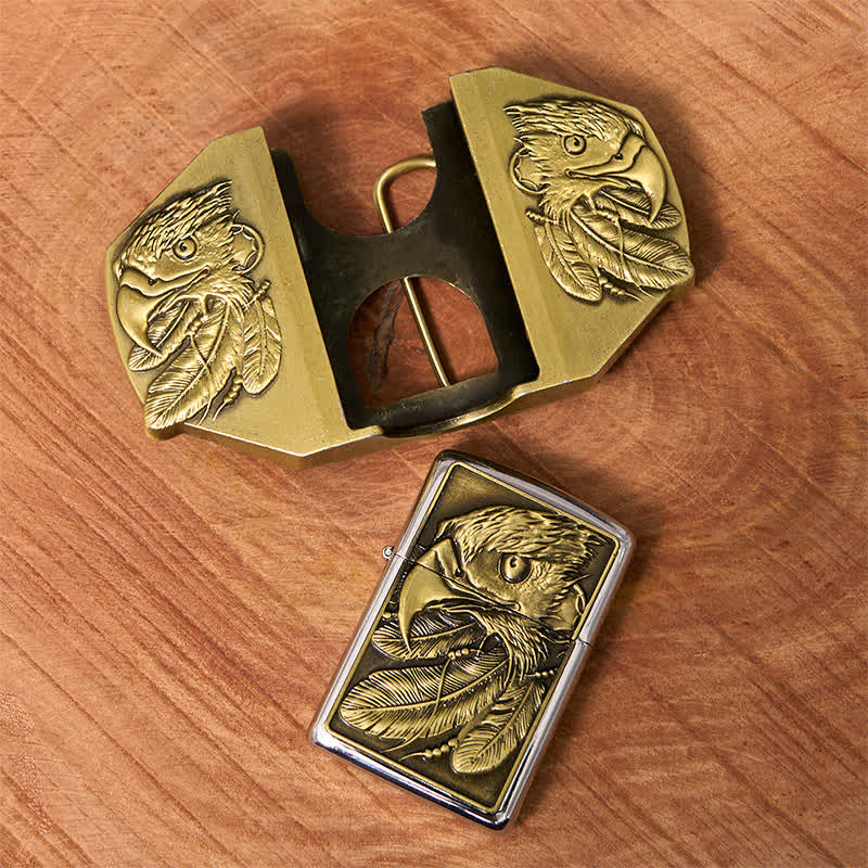 Cintura in pelle fai da te da uomo con tripla aquila in bronzo e accendino nascosto - image 3